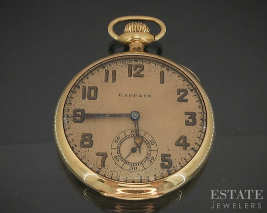 Antique Solid 14k Yellow Gold Hampden 17j Minute Man Pocket Watch p16919