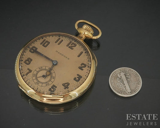 Antique Solid 14k Yellow Gold Hampden 17j Minute Man Pocket Watch p16919