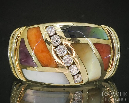 14k Yellow Gold Asch Grossbardt Natural Multi Gem & Diamond Band Ring 8g p17085