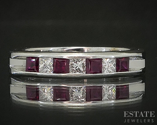 14k White Gold Natural Ruby & Diamond Ladies Band Ring 4.5g p17007