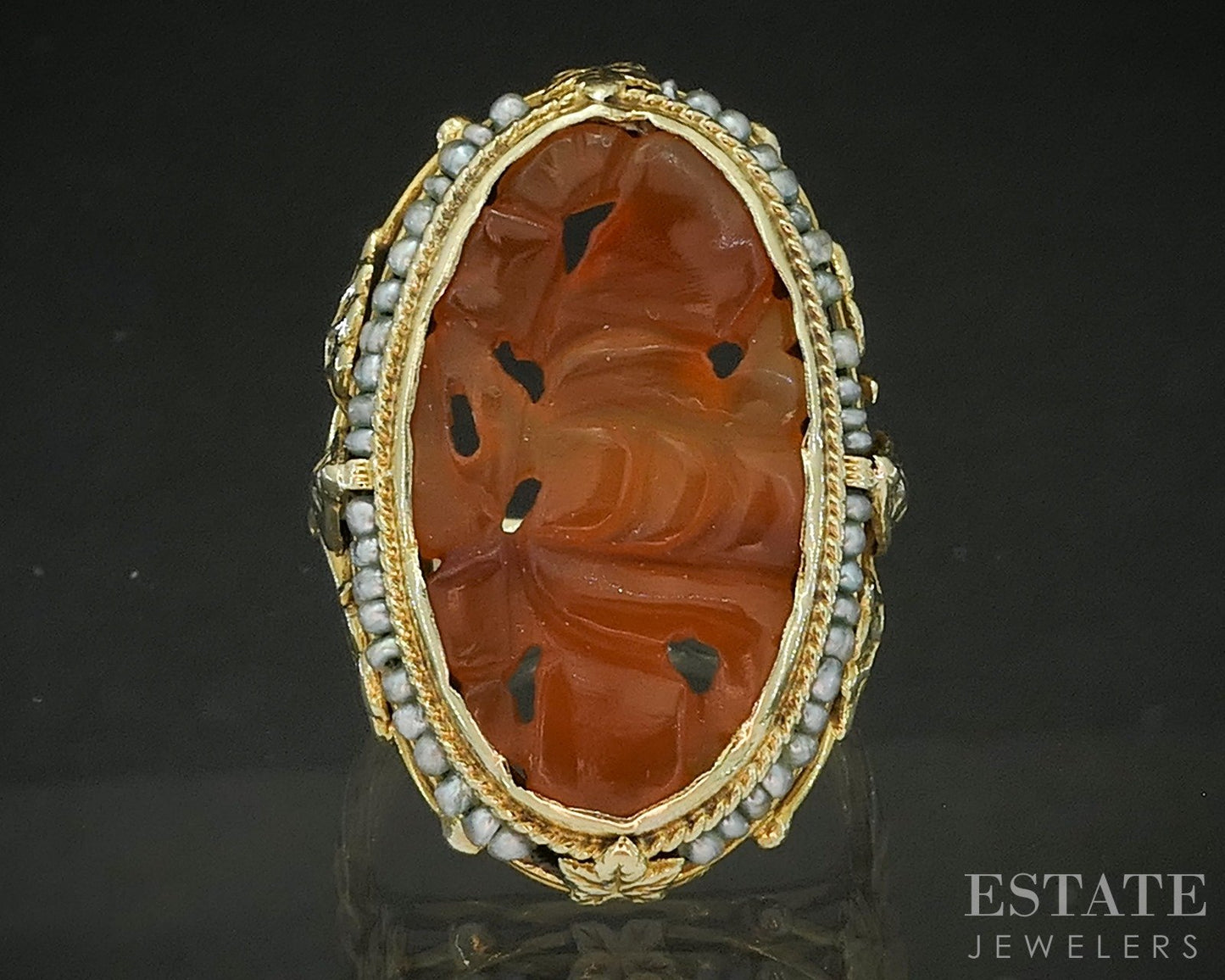 Antique Art Nouveau 14k Yellow Gold Carnelian & Seed Pearl Ring 6.1g p17833