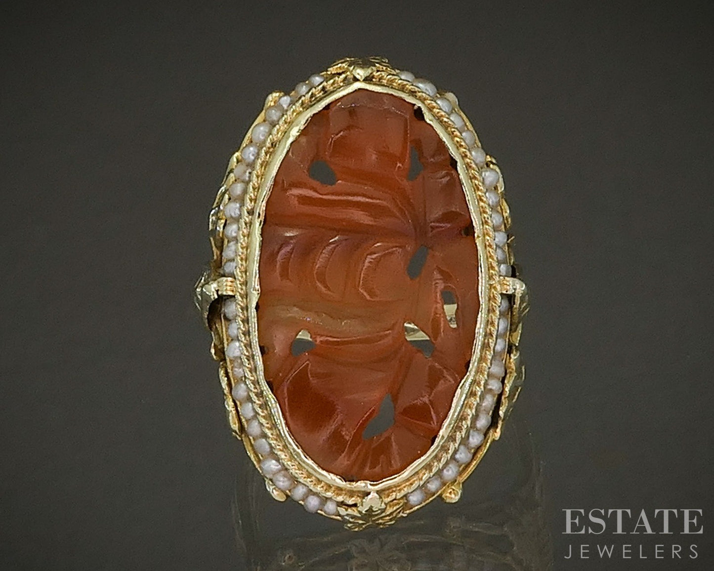 Antique Art Nouveau 14k Yellow Gold Carnelian & Seed Pearl Ring 6.1g p17833
