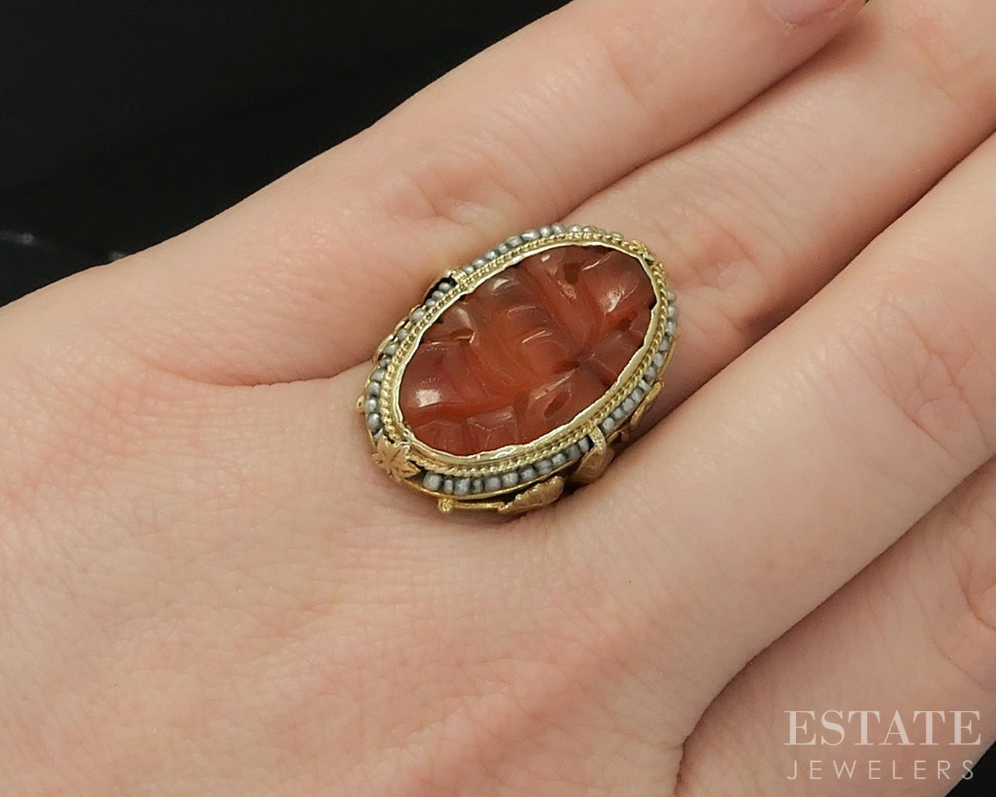 Antique Art Nouveau 14k Yellow Gold Carnelian & Seed Pearl Ring 6.1g p17833