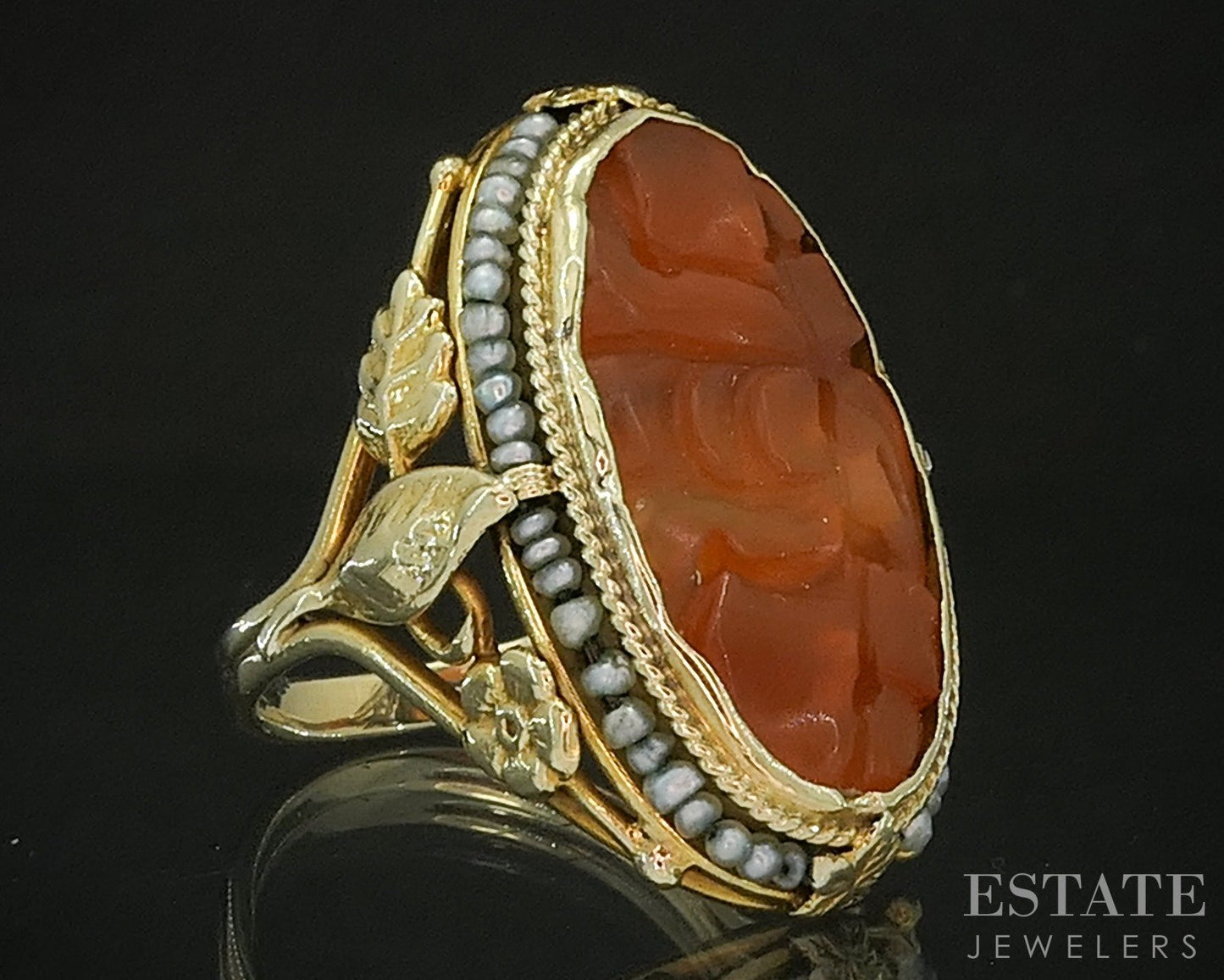 Antique Art Nouveau 14k Yellow Gold Carnelian & Seed Pearl Ring 6.1g p17833