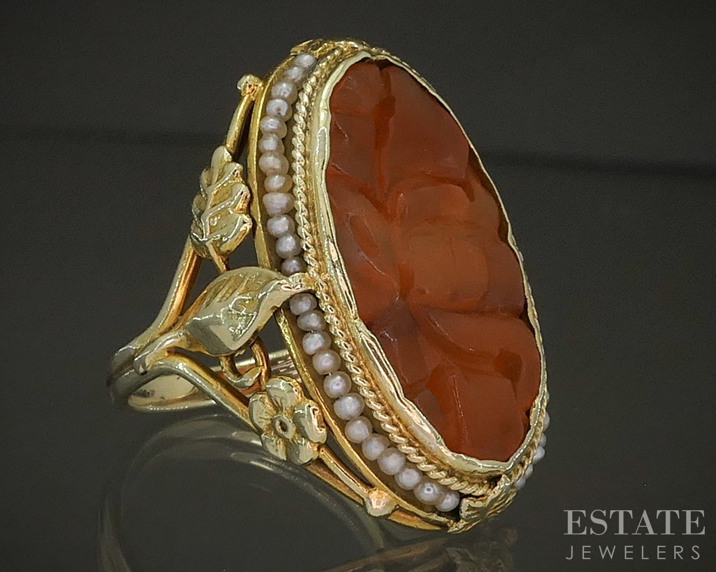 Antique Art Nouveau 14k Yellow Gold Carnelian & Seed Pearl Ring 6.1g p17833