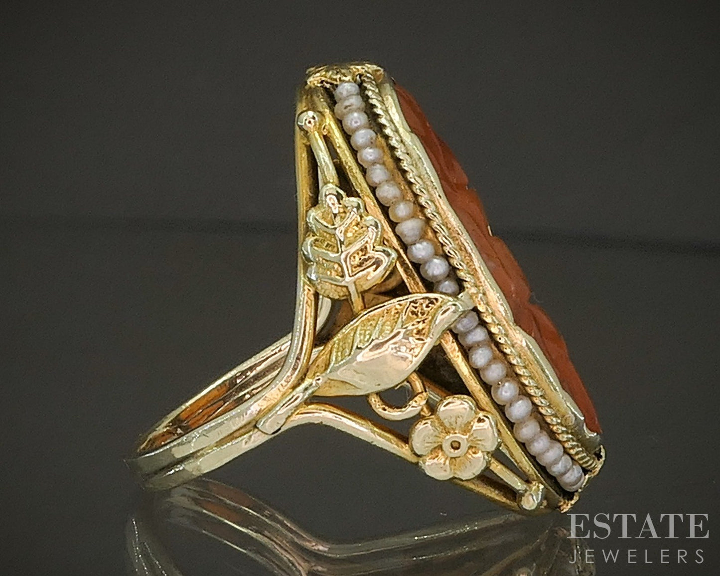 Antique Art Nouveau 14k Yellow Gold Carnelian & Seed Pearl Ring 6.1g p17833