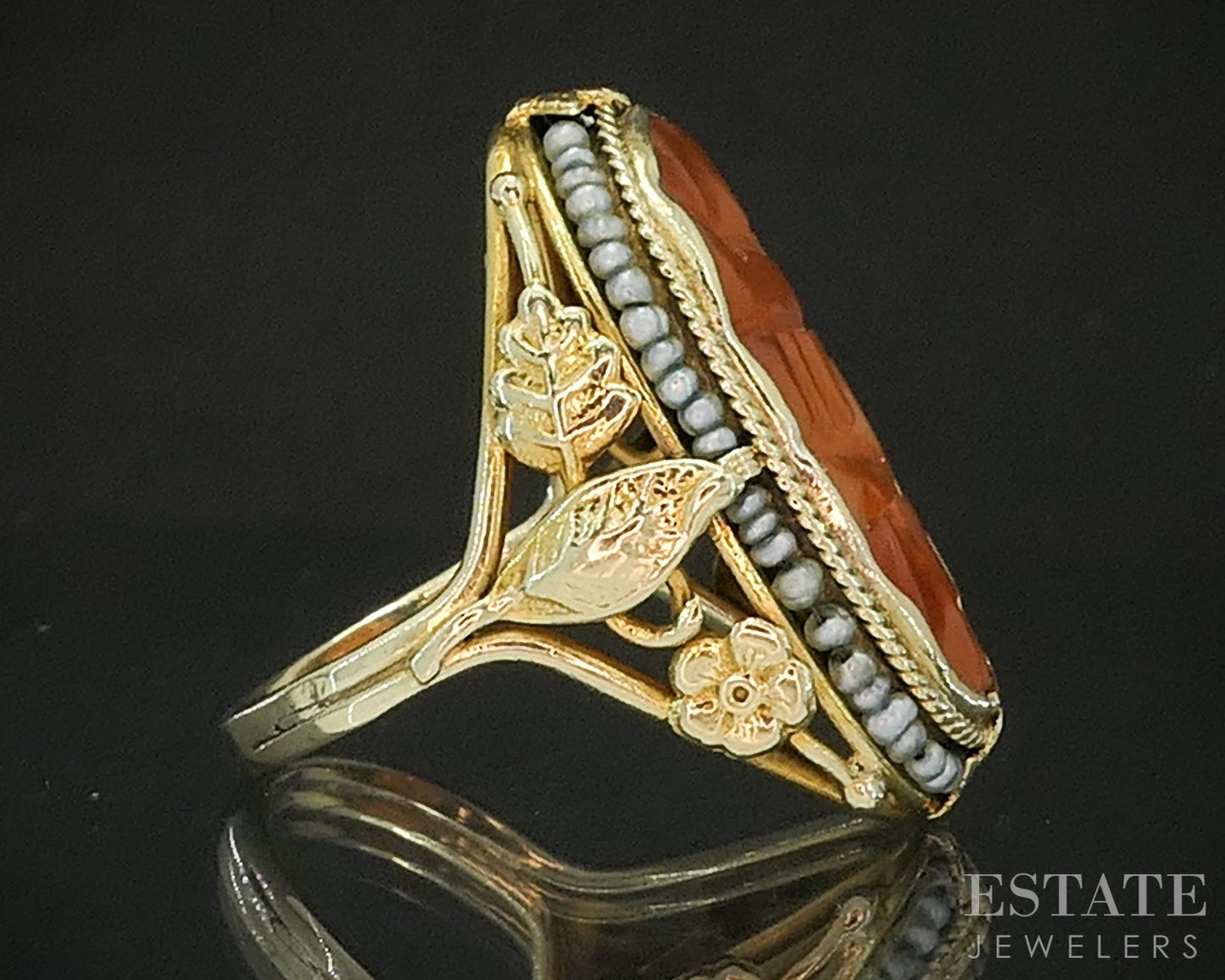 Antique Art Nouveau 14k Yellow Gold Carnelian & Seed Pearl Ring 6.1g p17833