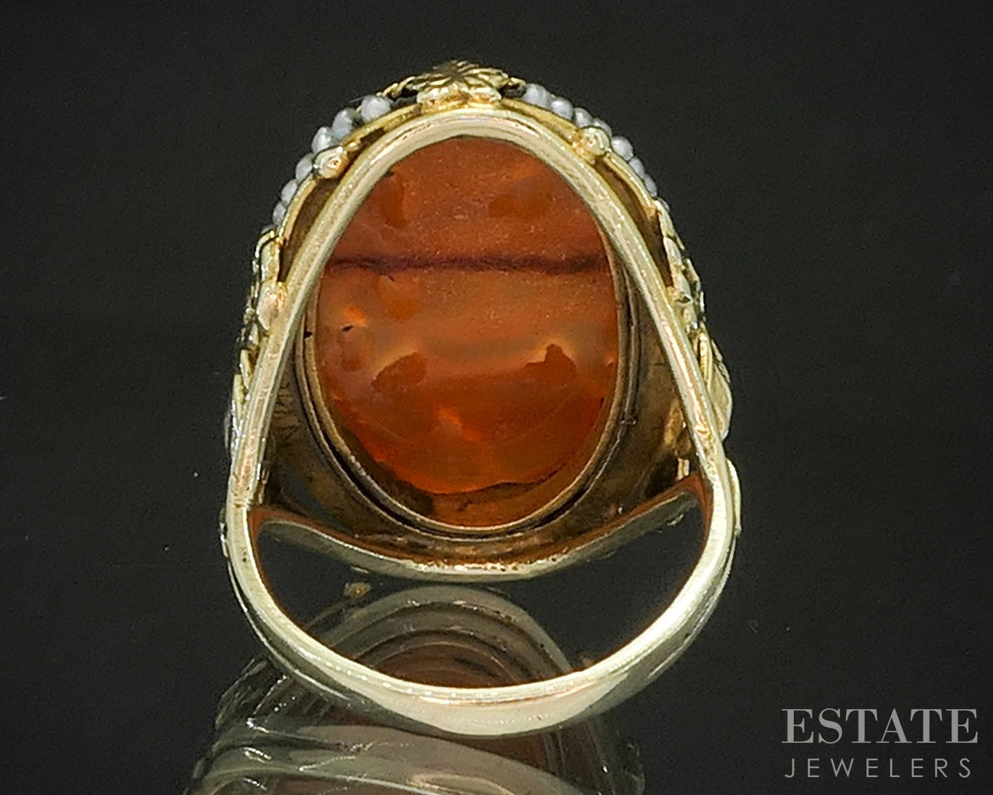 Antique Art Nouveau 14k Yellow Gold Carnelian & Seed Pearl Ring 6.1g p17833
