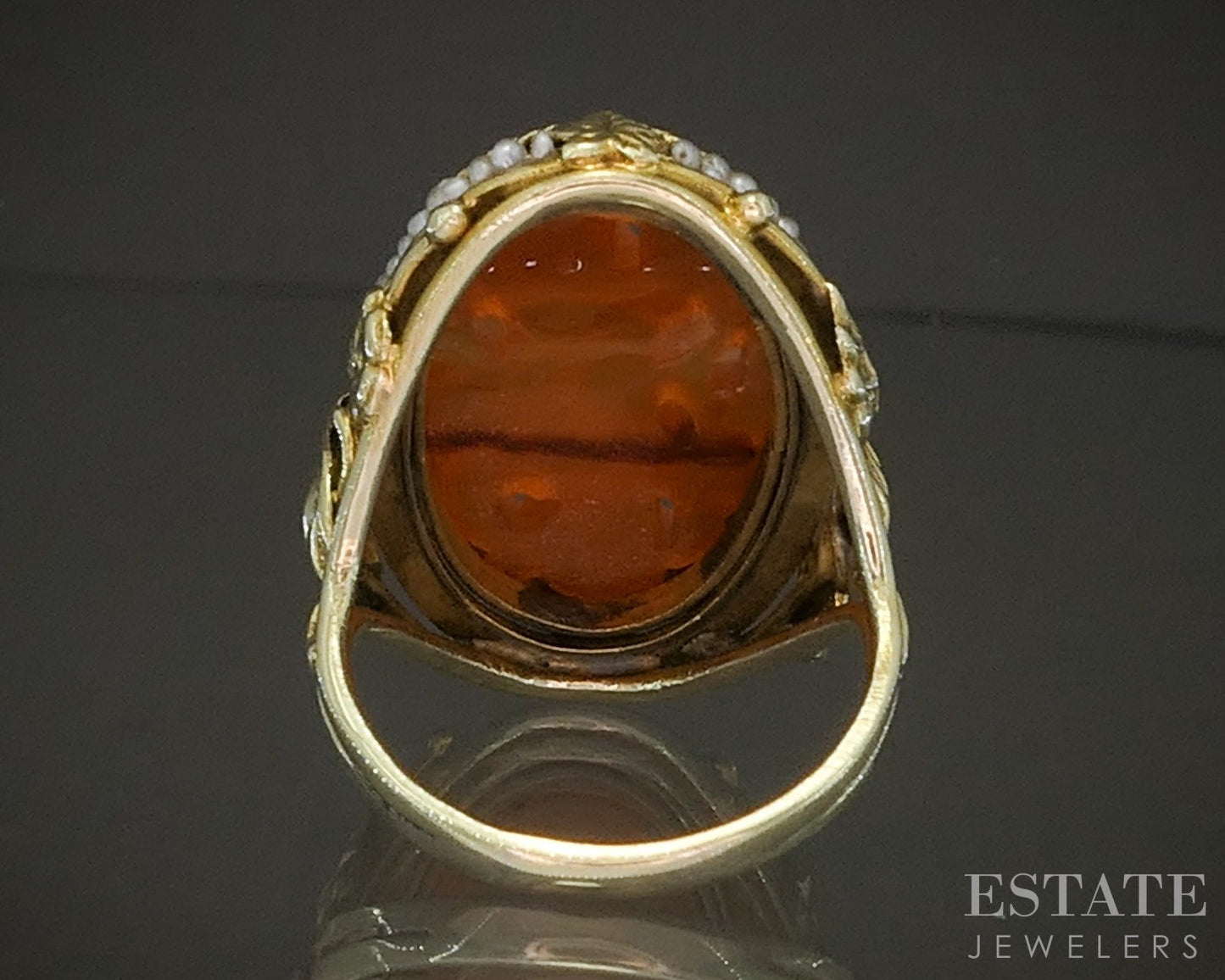 Antique Art Nouveau 14k Yellow Gold Carnelian & Seed Pearl Ring 6.1g p17833