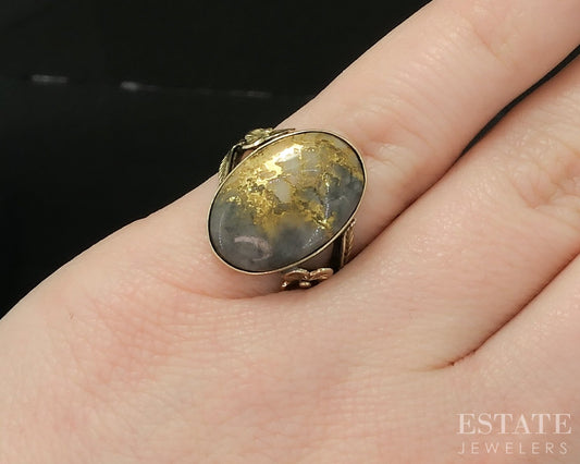 Vintage 10k Yellow Gold Oval Natural Gold Bearing Quartz Ladies Ring 4g p16851