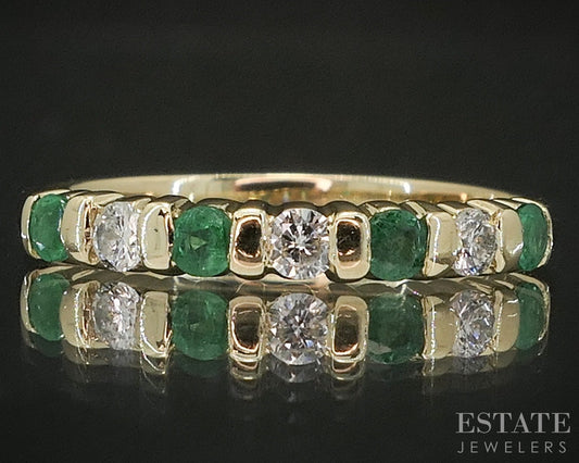 14k Yellow Gold Natural Emerald & Diamond Ladies Band Ring 2g p17097
