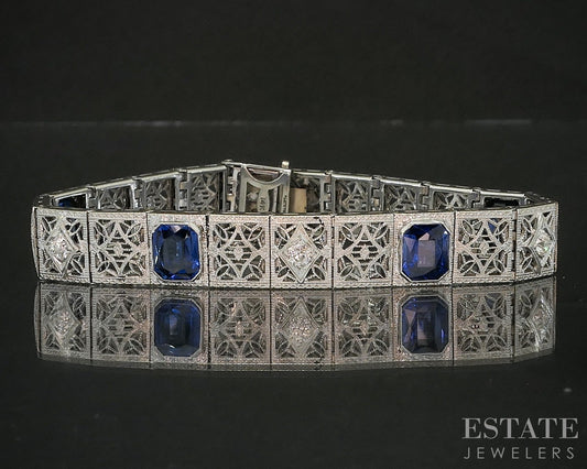 Antique 14k White Gold Blue Sapphire & Diamond Filigree Link Bracelet 18g p17081