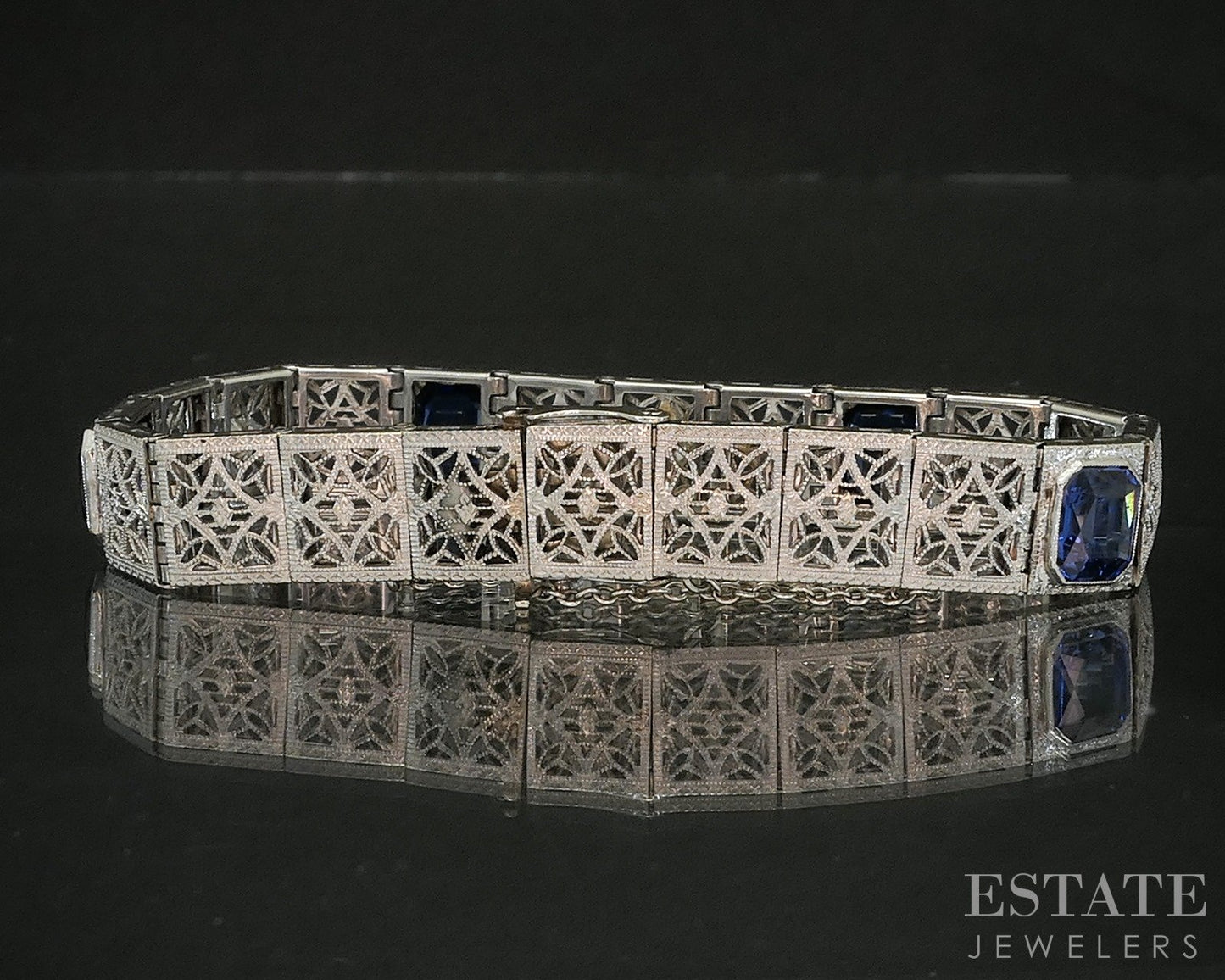 Antique 14k White Gold Blue Sapphire & Diamond Filigree Link Bracelet 18g p17081