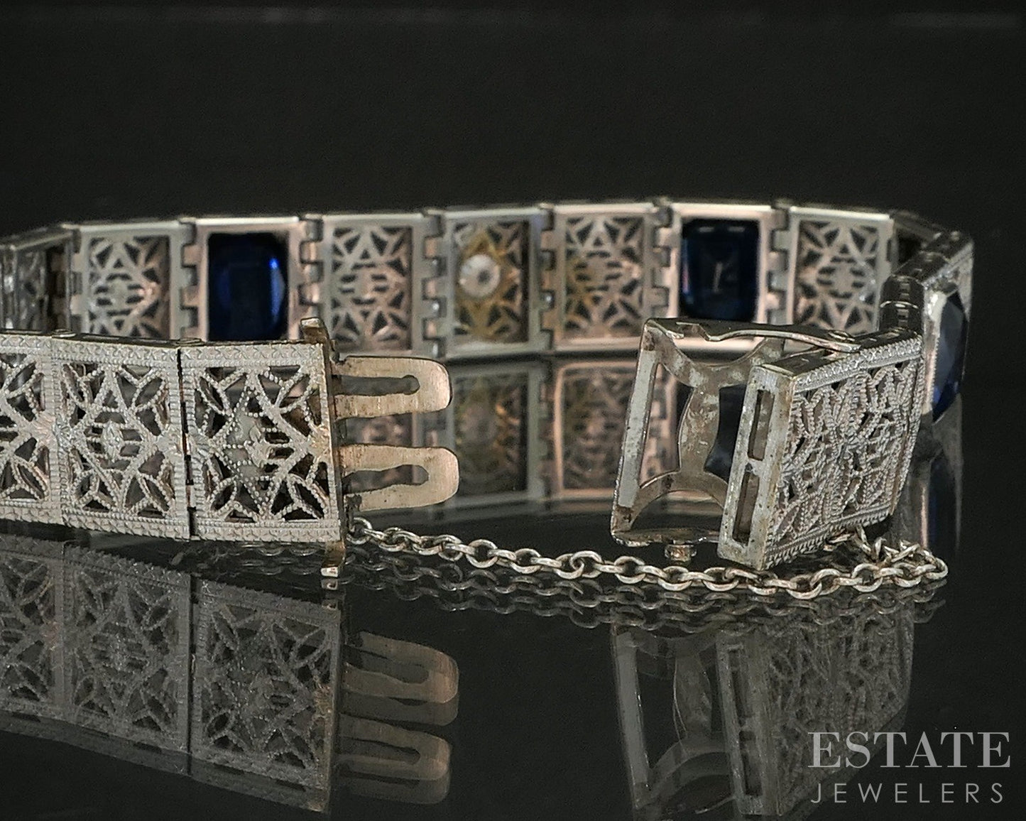 Antique 14k White Gold Blue Sapphire & Diamond Filigree Link Bracelet 18g p17081