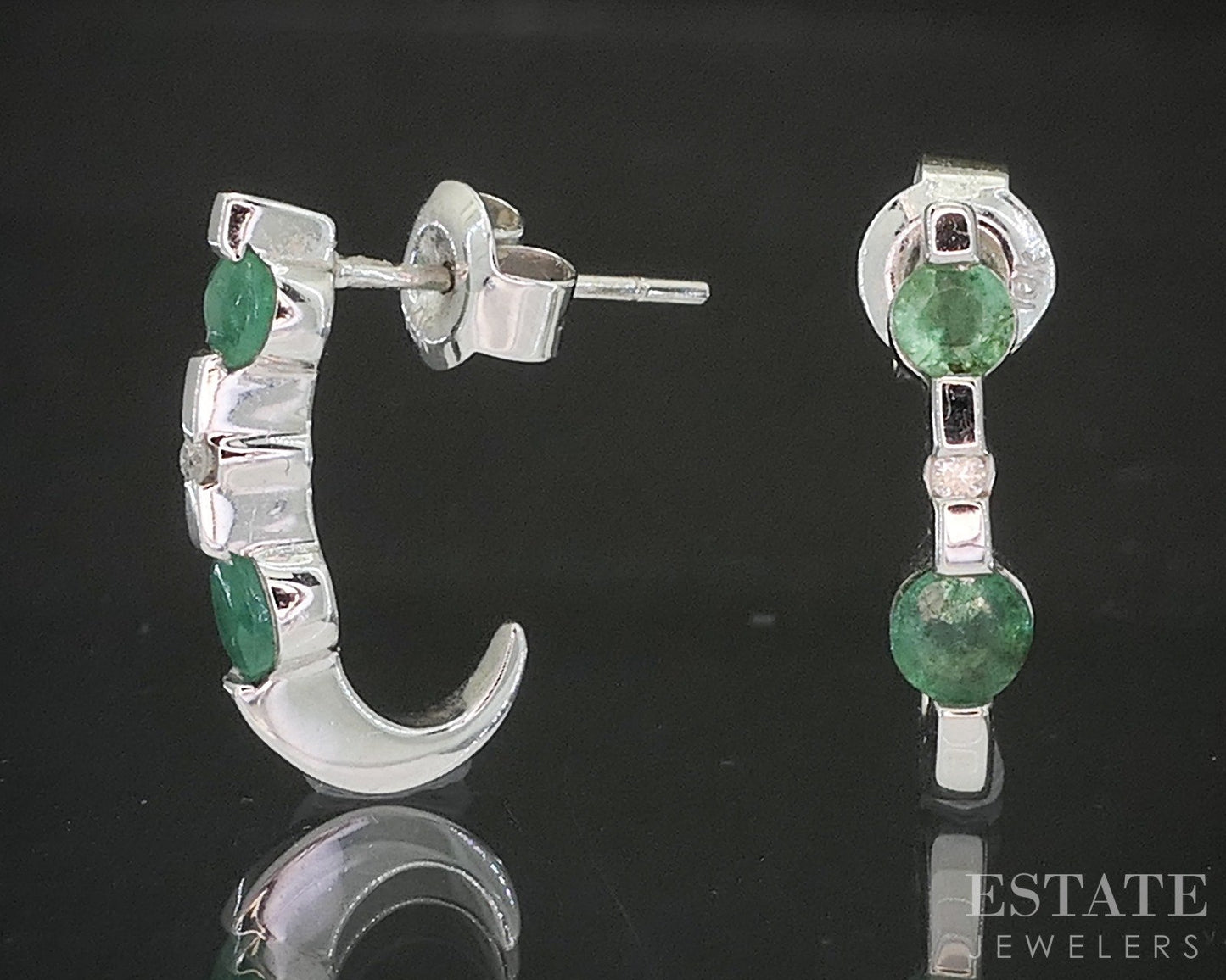 10k White Gold Natural Emerald & Diamond J-Hoop Earrings 1.9g p62587