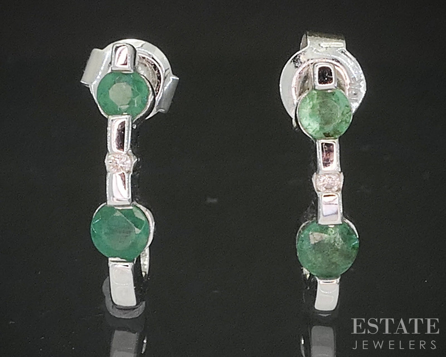 10k White Gold Natural Emerald & Diamond J-Hoop Earrings 1.9g p62587