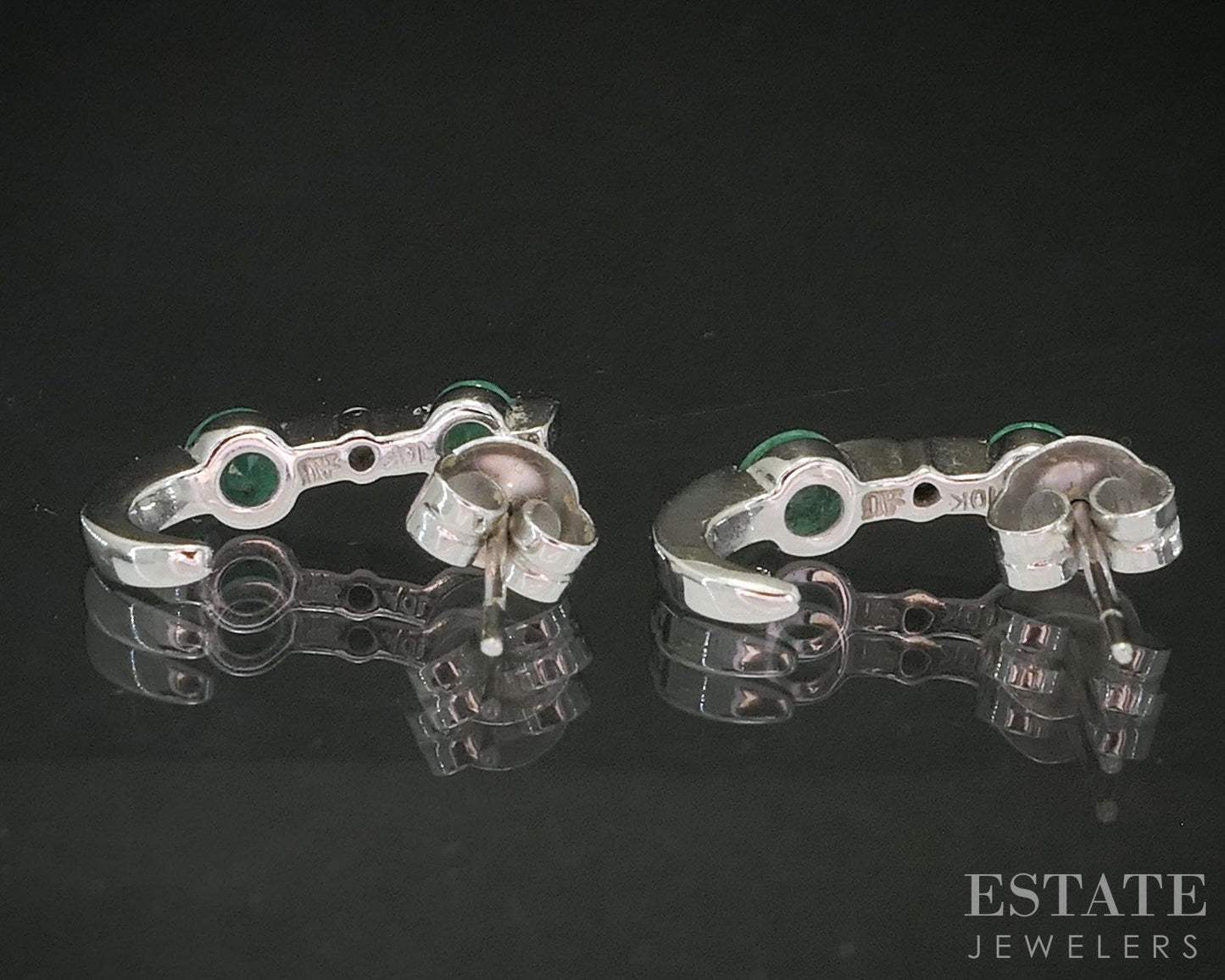 10k White Gold Natural Emerald & Diamond J-Hoop Earrings 1.9g p62587
