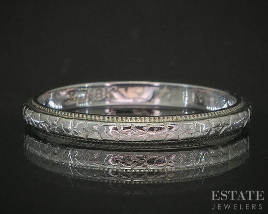 Antique 18k White Gold 2mm Engraved Ladies Wedding Band 1.8g p15354b