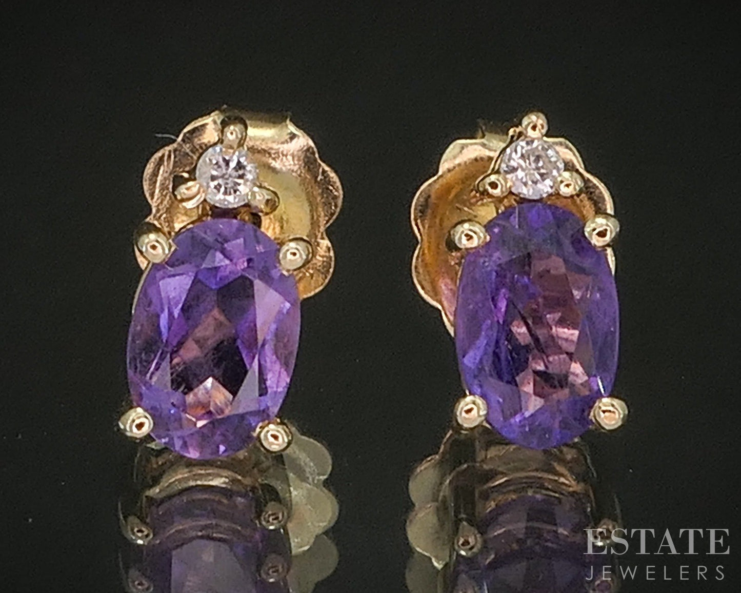 14k Yellow Gold Natural Amethyst & Diamond Stud Earrings 1.1g p16131b