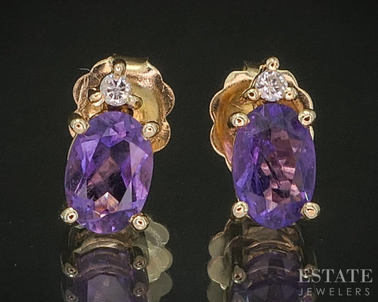 14k Yellow Gold Natural Amethyst & Diamond Stud Earrings 1.1g p16131b