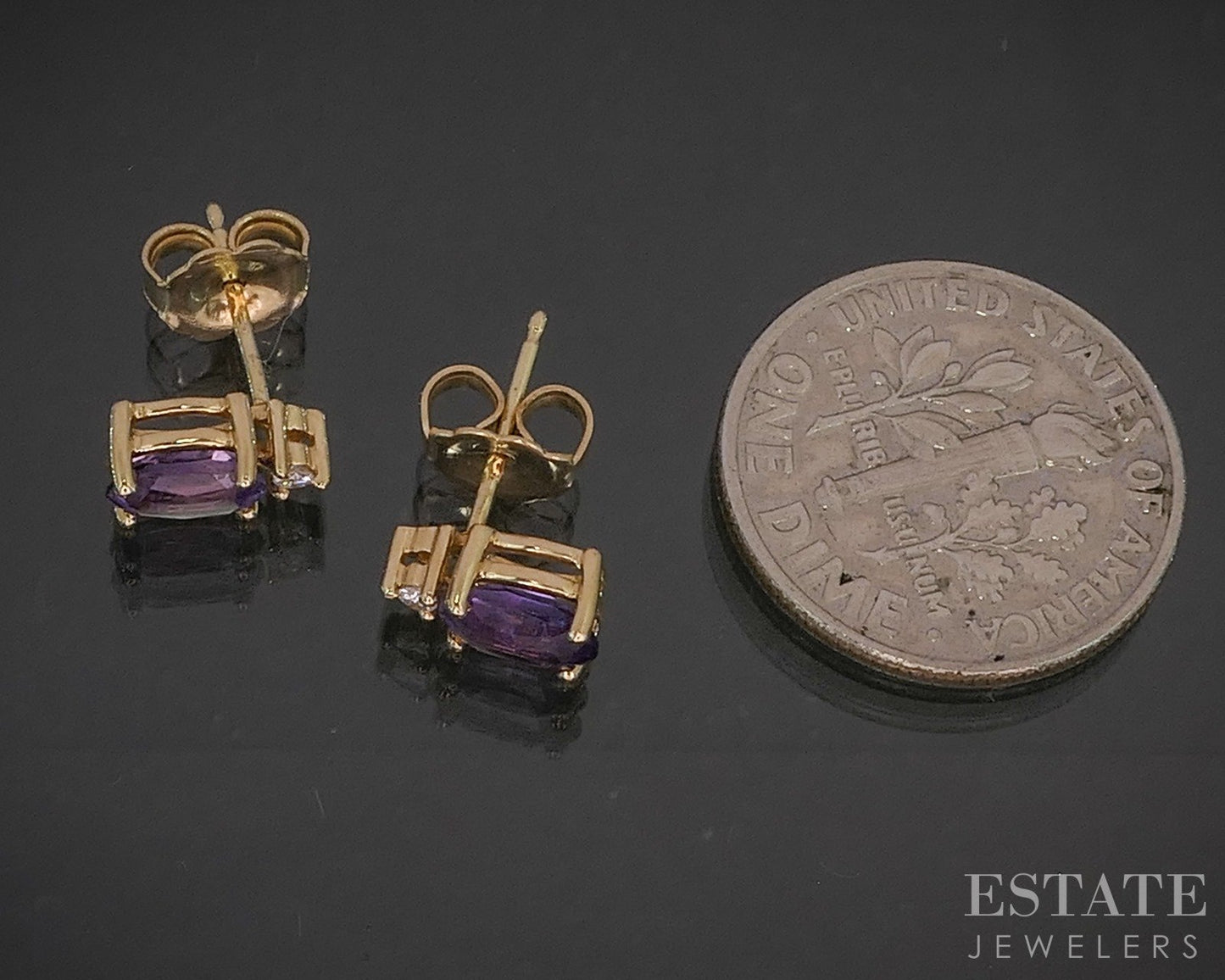 14k Yellow Gold Natural Amethyst & Diamond Stud Earrings 1.1g p16131b