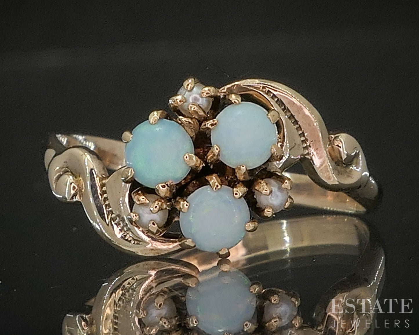 Antique 10k Yellow Gold Natural Opal & Seed Pearl Bypass Ring 1.5g p15822b