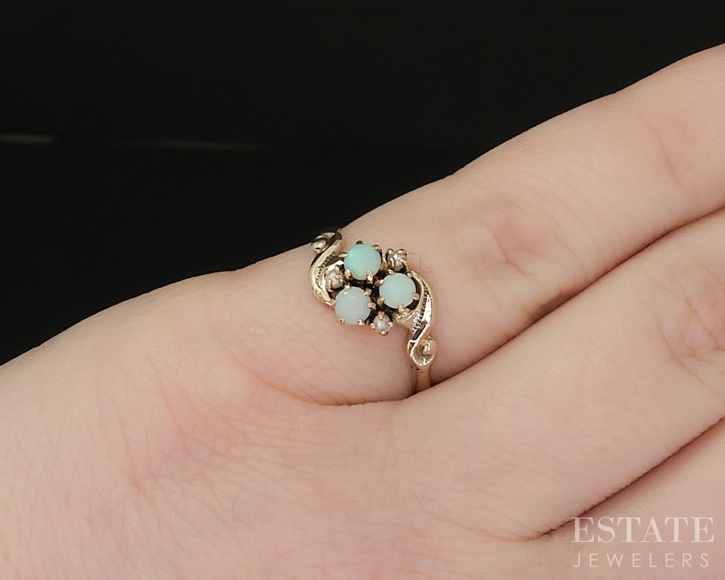 Antique 10k Yellow Gold Natural Opal & Seed Pearl Bypass Ring 1.5g p15822b