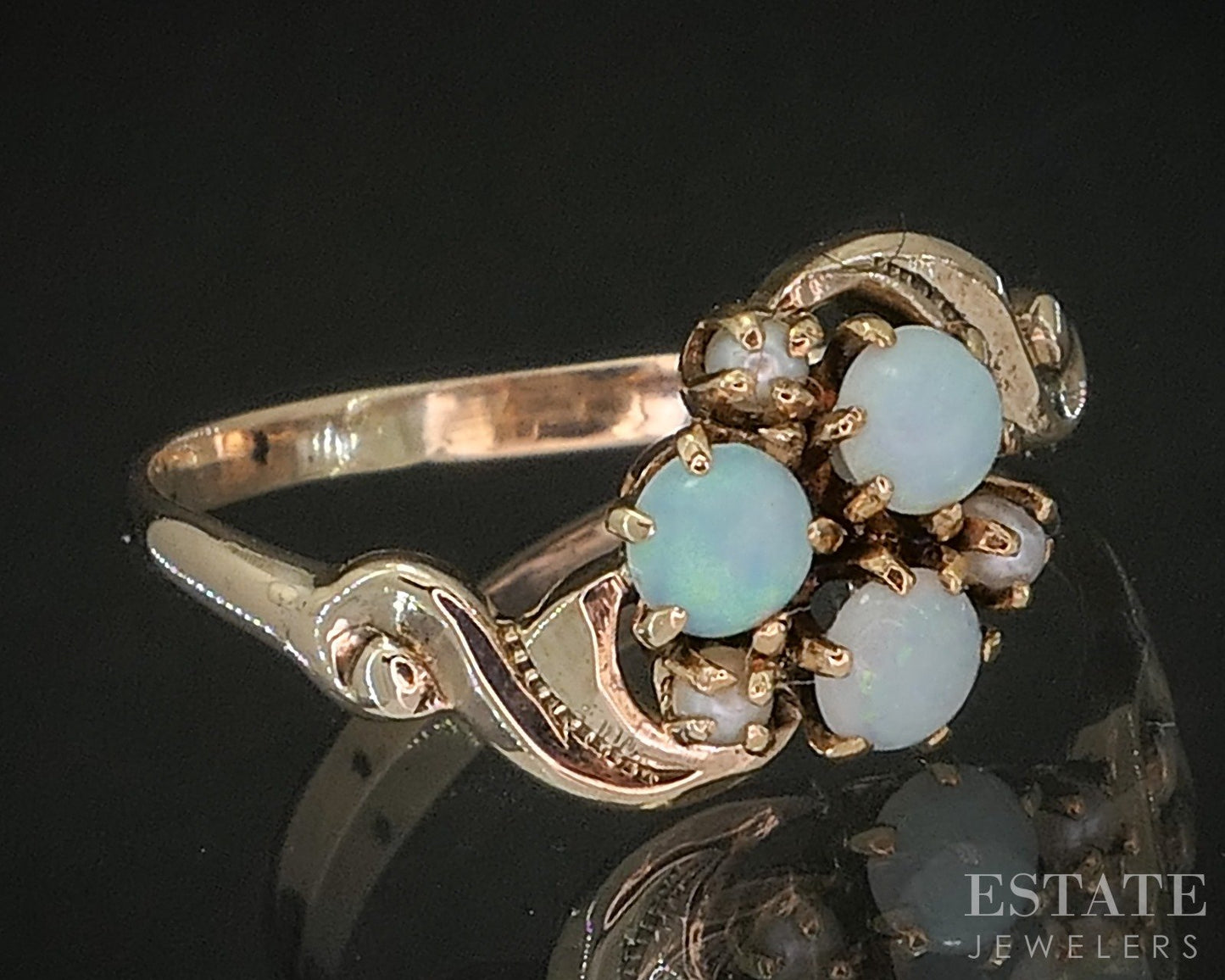 Antique 10k Yellow Gold Natural Opal & Seed Pearl Bypass Ring 1.5g p15822b