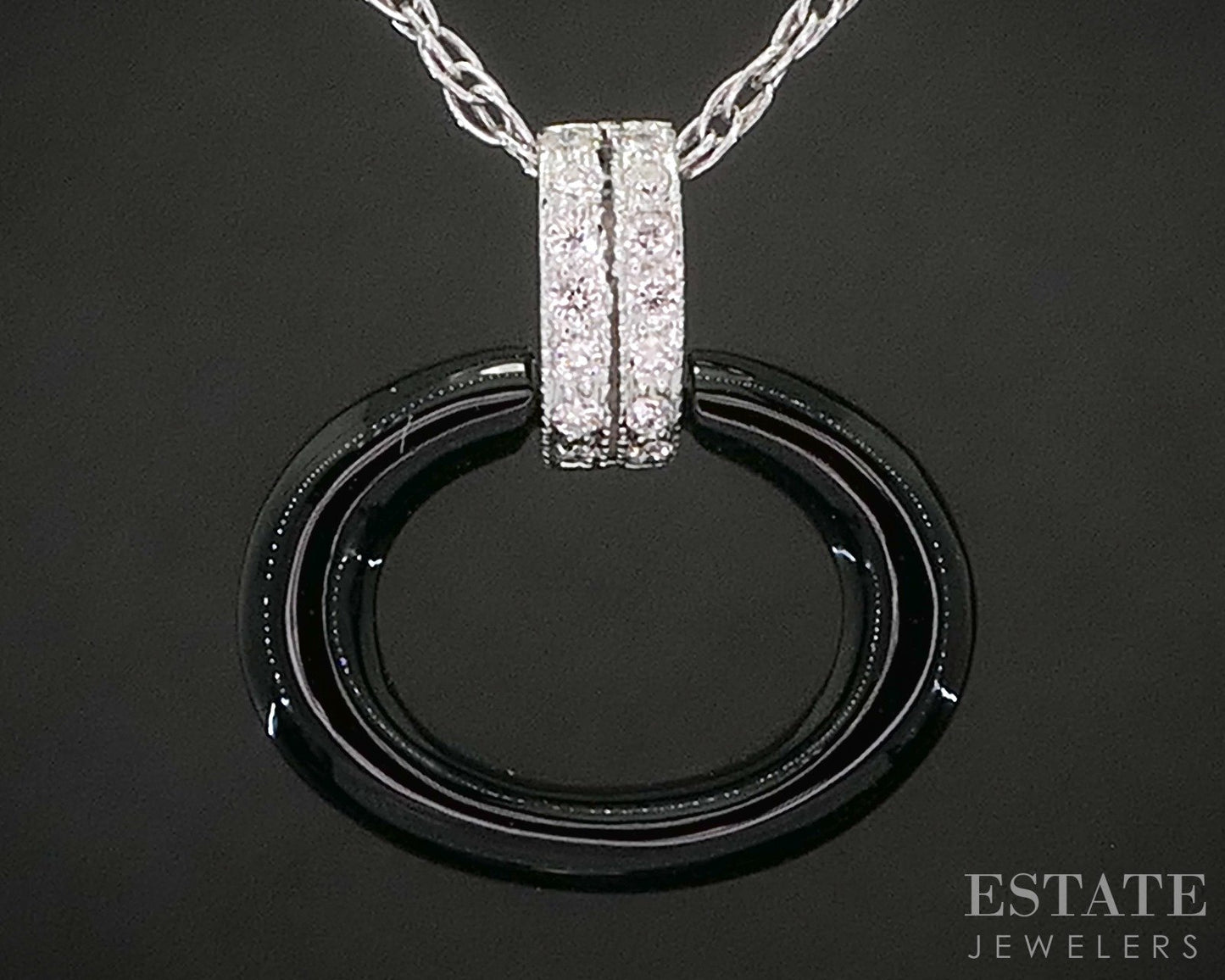Platinum & 14k Oval Natural Black Onyx & Diamond Necklace 0.5g 20"L p16135b