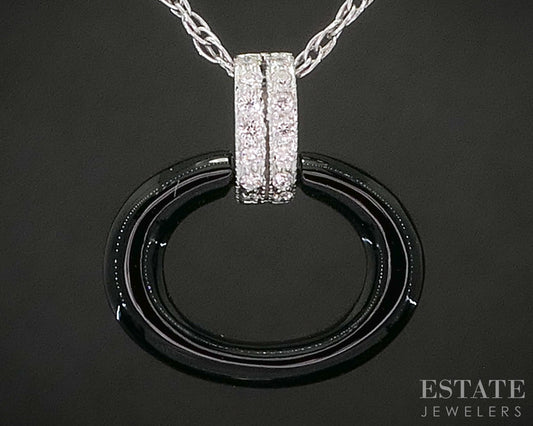 Platinum & 14k Oval Natural Black Onyx & Diamond Necklace 0.5g 20"L p16135b