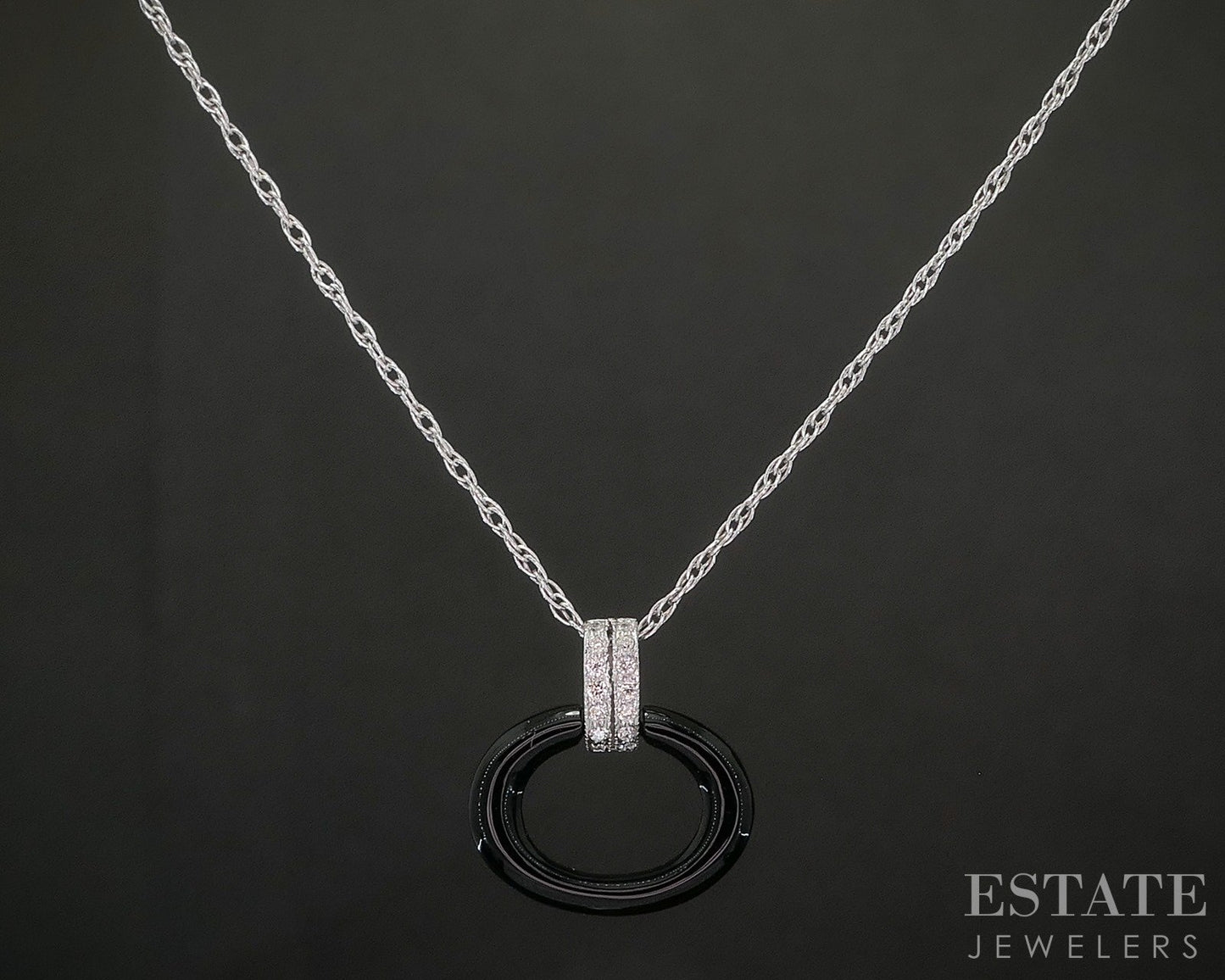 Platinum & 14k Oval Natural Black Onyx & Diamond Necklace 0.5g 20"L p16135b