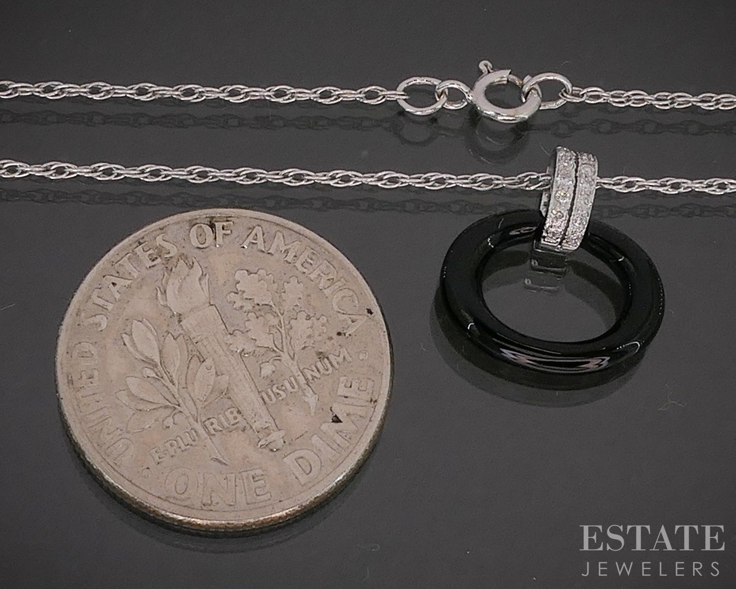 Platinum & 14k Oval Natural Black Onyx & Diamond Necklace 0.5g 20"L p16135b