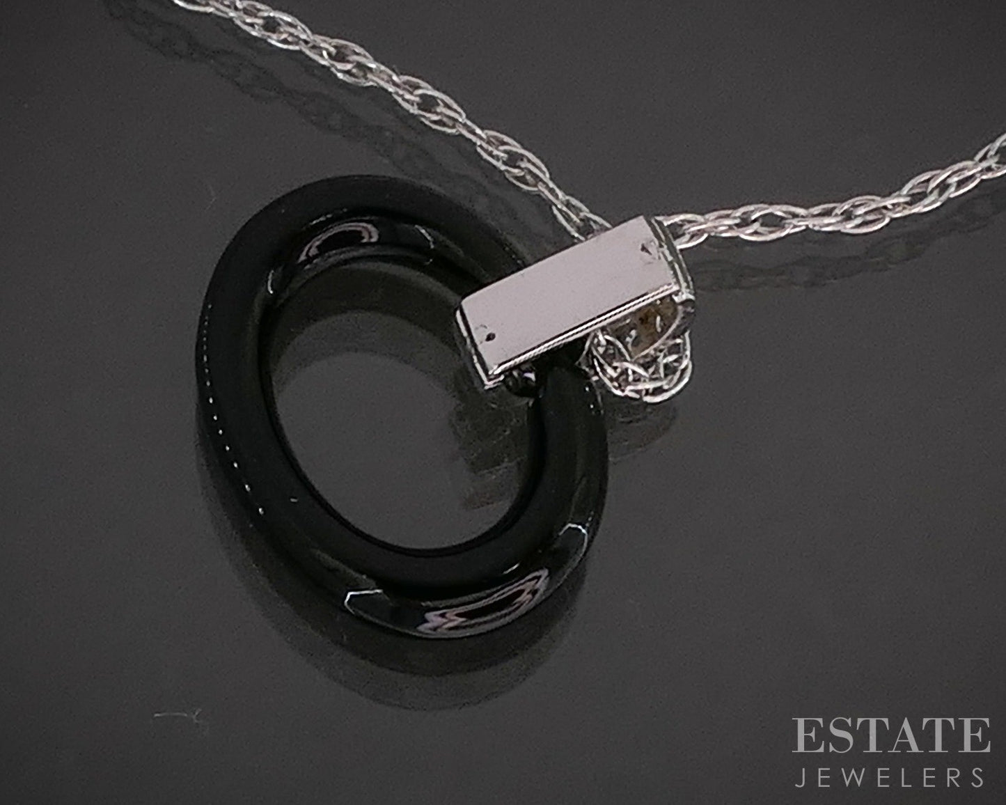 Platinum & 14k Oval Natural Black Onyx & Diamond Necklace 0.5g 20"L p16135b