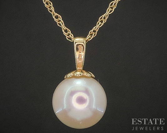 14k Yellow Gold 7.3mm Cultured Pearl Solitaire Ladies Necklace 1.6g 18"L p15336b