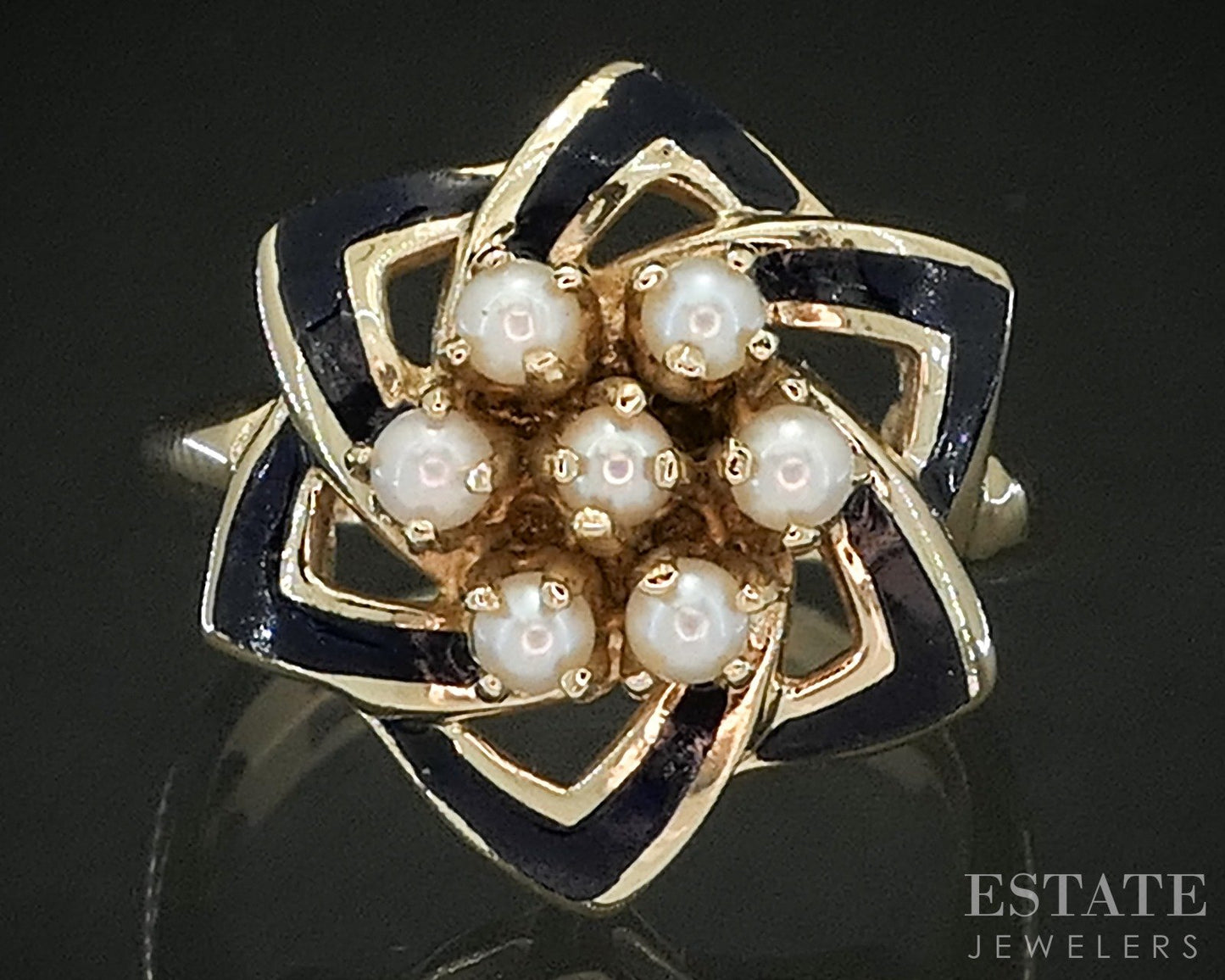 Antique 10k Yellow Gold Blue Enameled Seed Pearl Ladies Ring 5g p16876