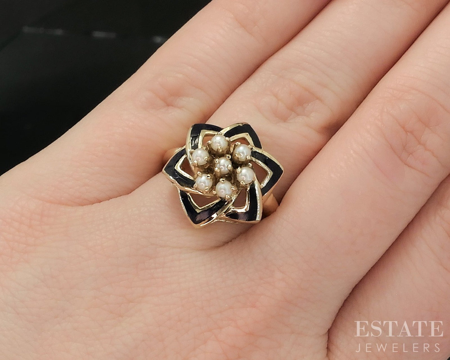 Antique 10k Yellow Gold Blue Enameled Seed Pearl Ladies Ring 5g p16876