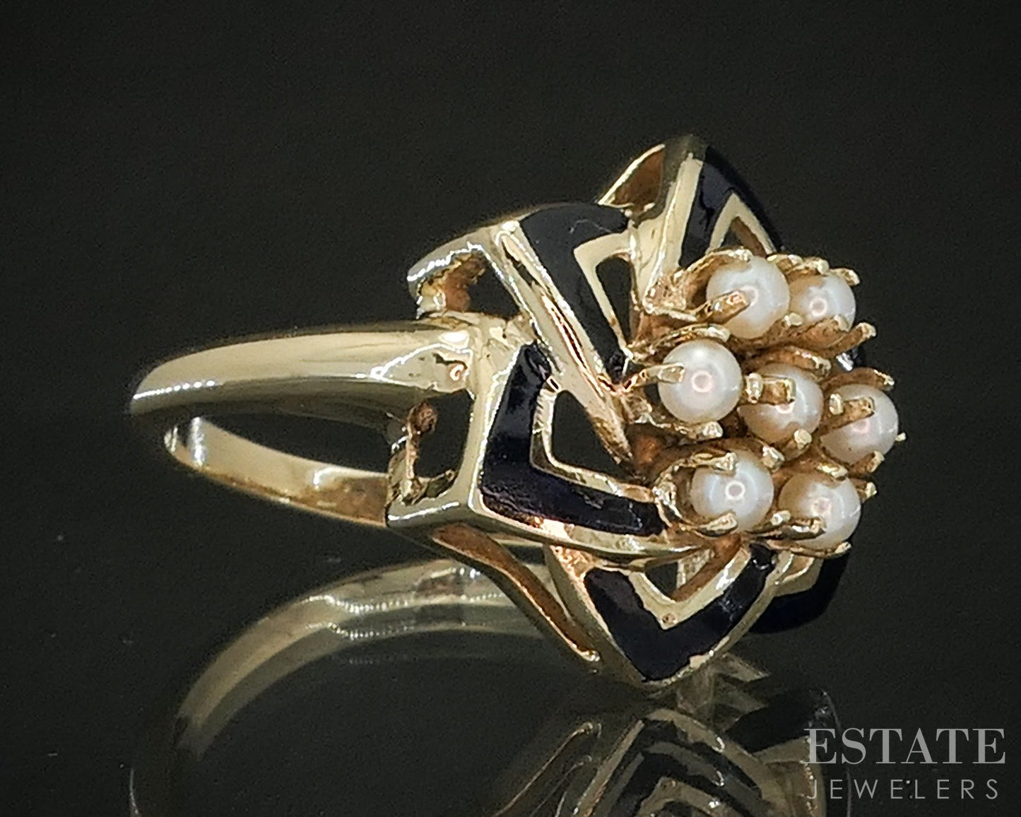 Antique 10k Yellow Gold Blue Enameled Seed Pearl Ladies Ring 5g p16876