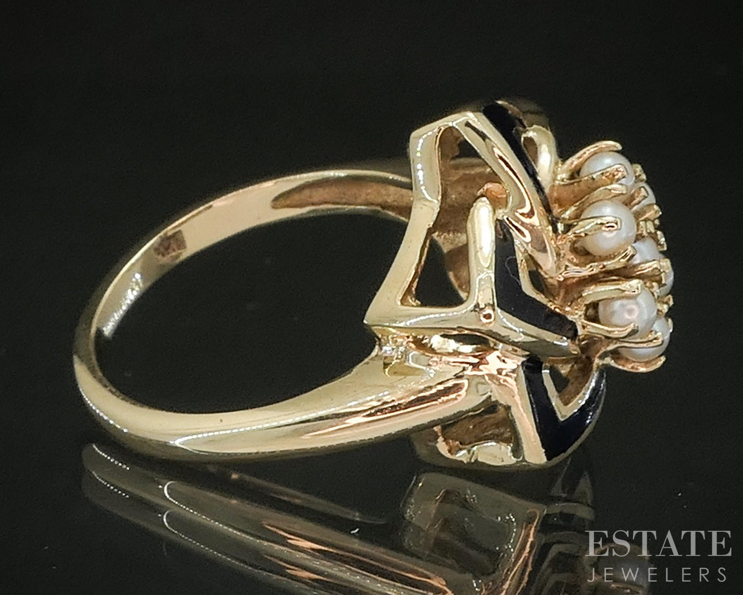 Antique 10k Yellow Gold Blue Enameled Seed Pearl Ladies Ring 5g p16876