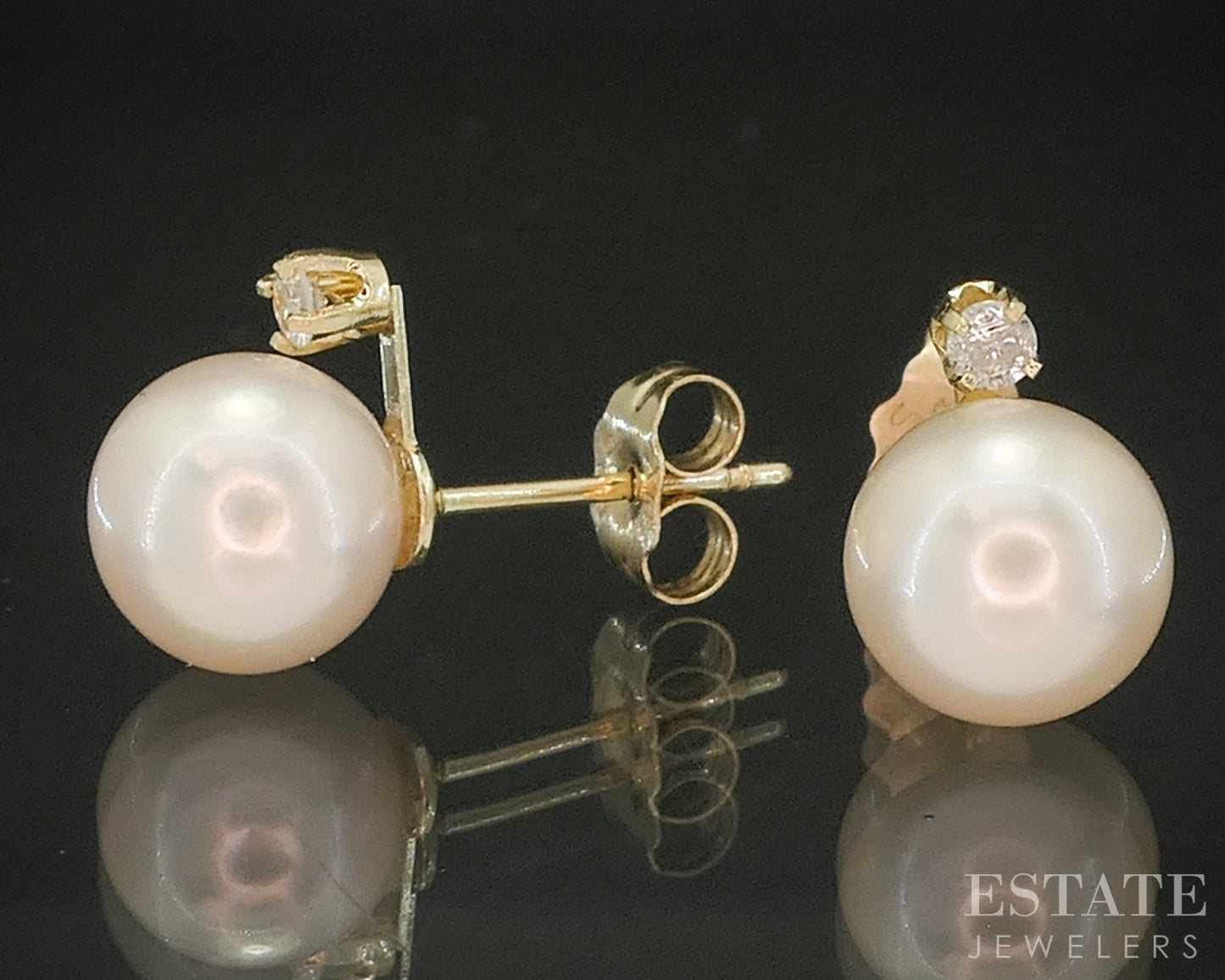 14k Yellow Gold 7.3mm Cultured Pearl & Diamond Stud Earrings 1.0g p17472