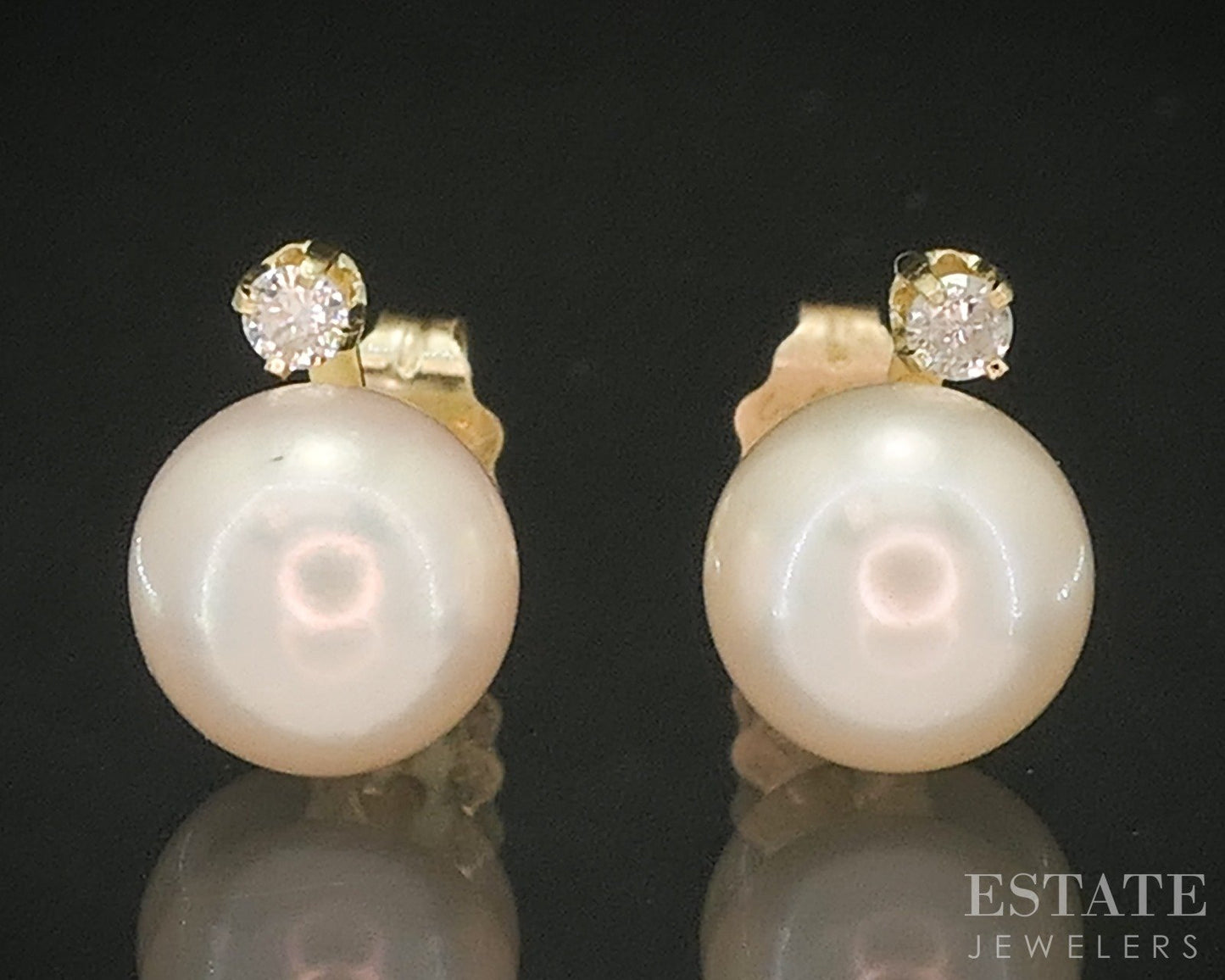 14k Yellow Gold 7.3mm Cultured Pearl & Diamond Stud Earrings 1.0g p17472