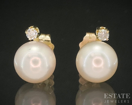 14k Yellow Gold 7.3mm Cultured Pearl & Diamond Stud Earrings 1.0g p17472