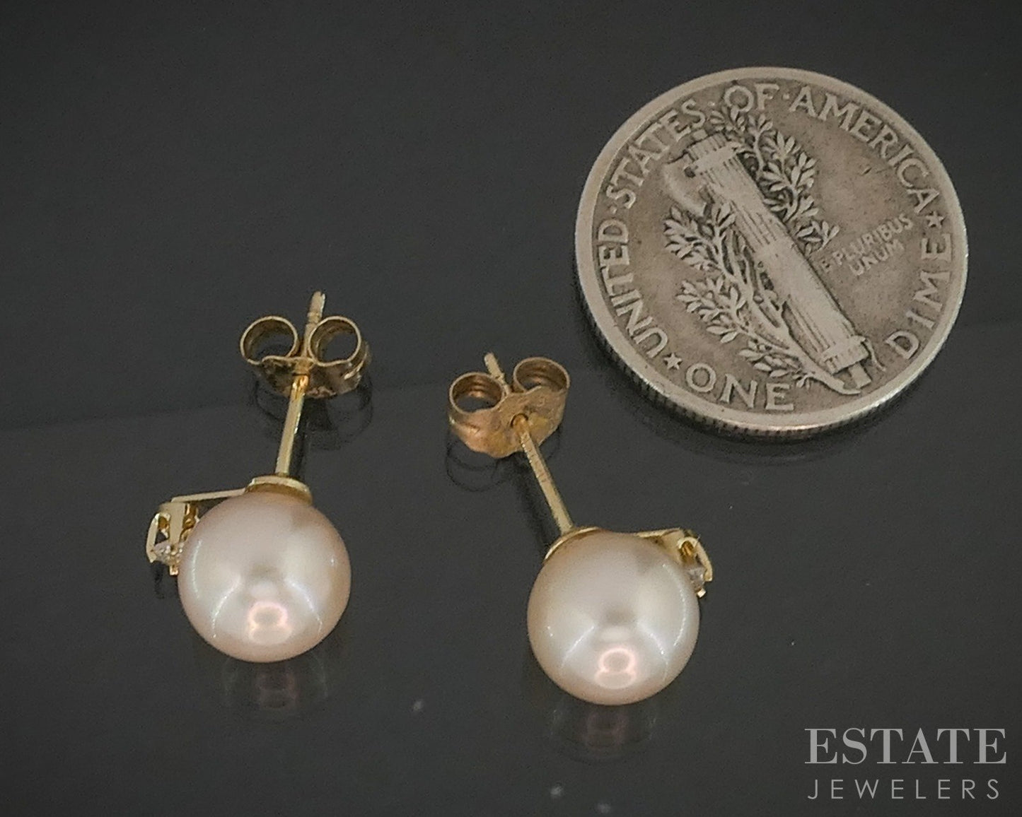 14k Yellow Gold 7.3mm Cultured Pearl & Diamond Stud Earrings 1.0g p17472