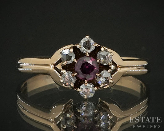 Antique Victorian 10k Yellow Gold Natural Ruby & Rose Cut Diamond Ring p17857
