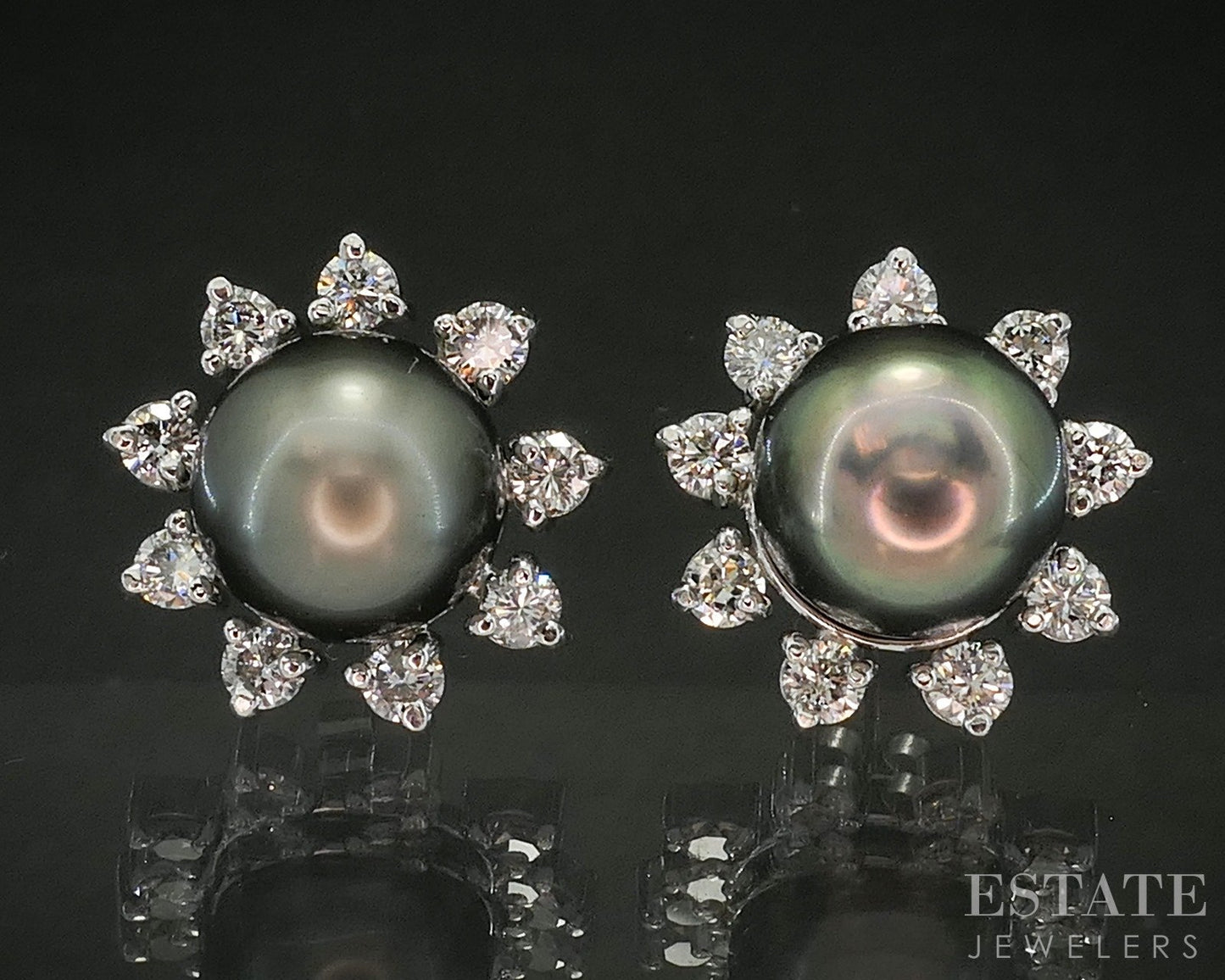 14k White Gold 11.1mm Tahitian Pearl & 1.44ctw Diamond Stud Earrings 9.8g p17971