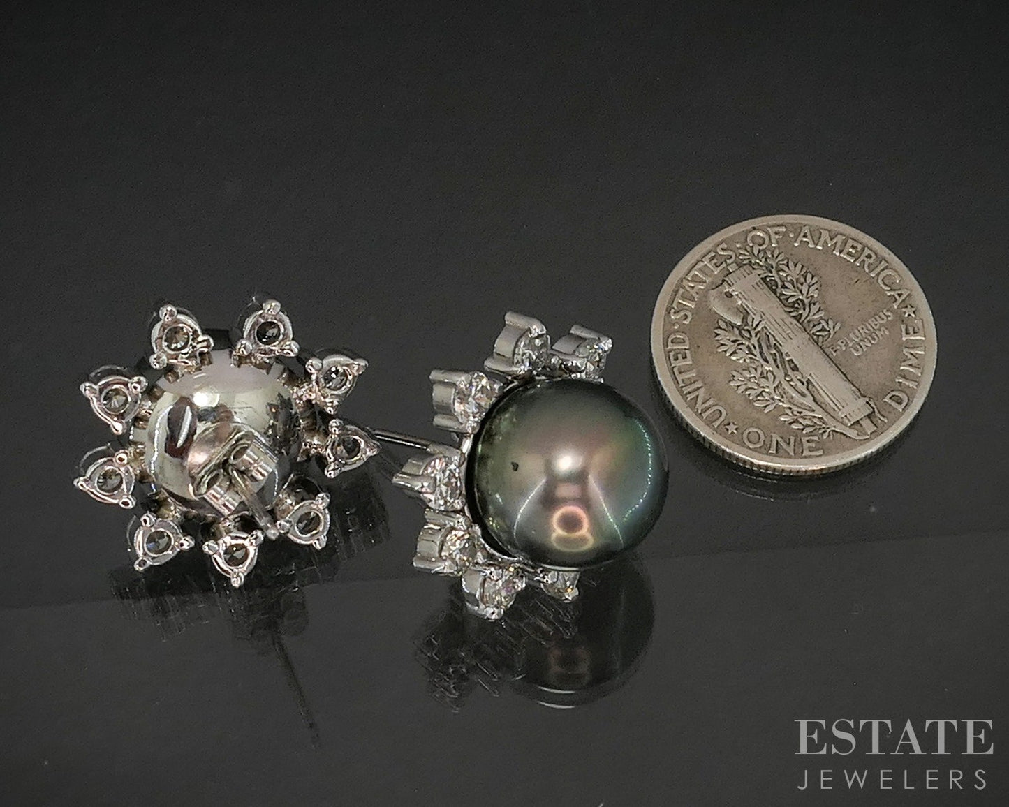 14k White Gold 11.1mm Tahitian Pearl & 1.44ctw Diamond Stud Earrings 9.8g p17971