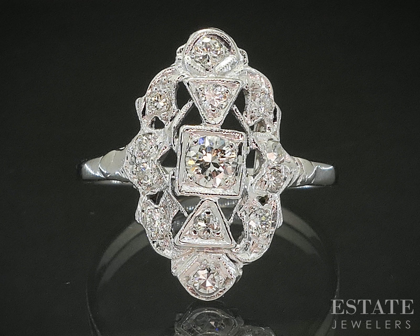 Antique Art Deco Platinum Natural .25ctw Diamond Filigree Shield Ring 3g p16716