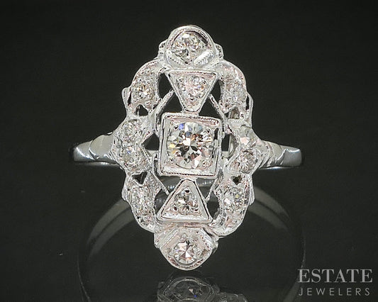 Antique Art Deco Platinum Natural .25ctw Diamond Filigree Shield Ring 3g p16716