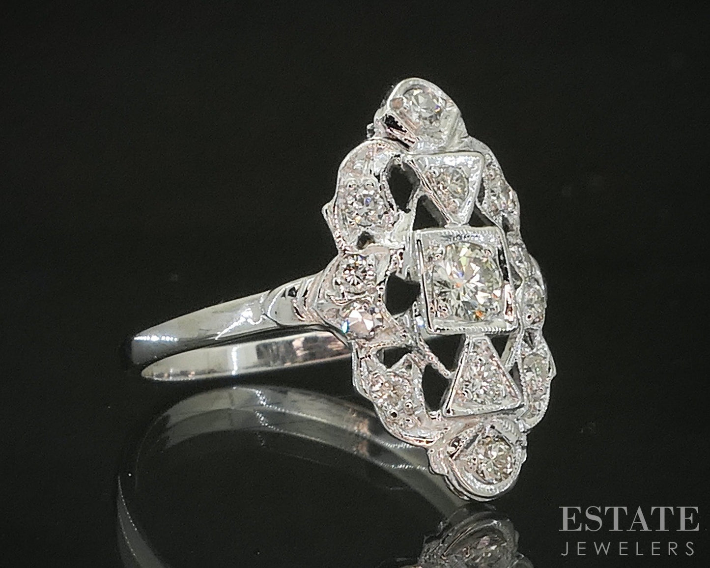Antique Art Deco Platinum Natural .25ctw Diamond Filigree Shield Ring 3g p16716