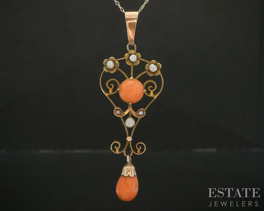 Antique Victorian 10k Yellow Gold Coral & Pearl Lavalier Necklace 2.2g p18784