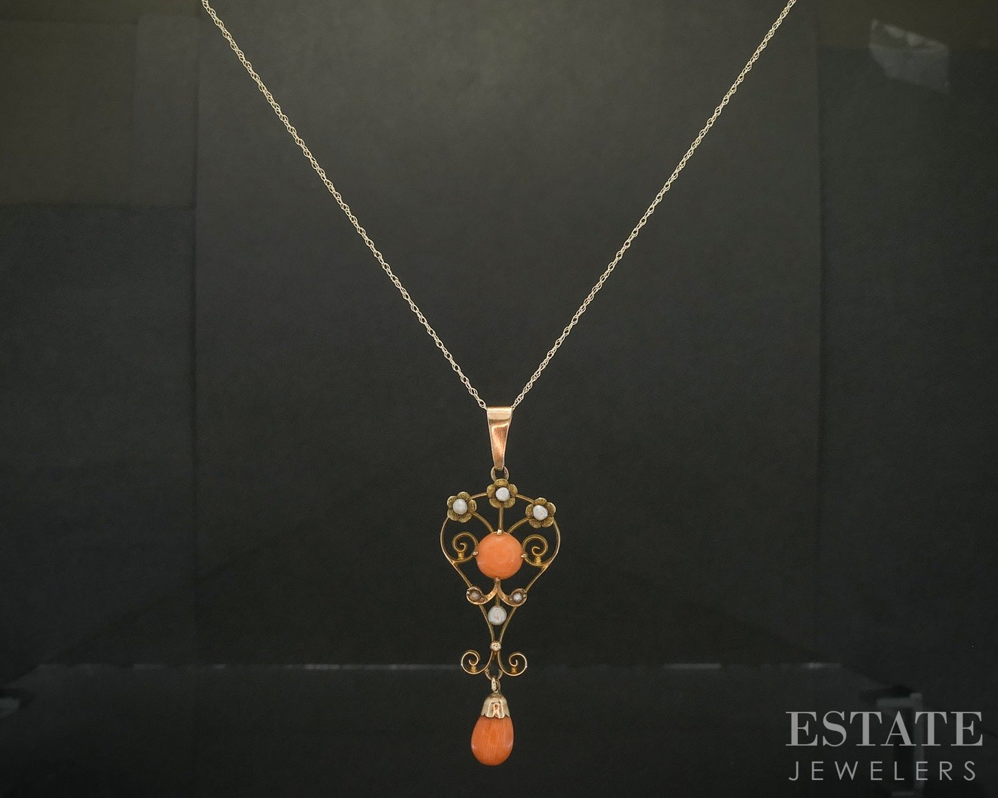Antique Victorian 10k Yellow Gold Coral & Pearl Lavalier Necklace 2.2g p18784